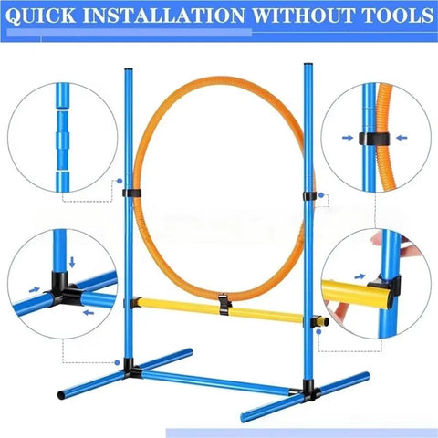Portable Dog Agility Training Kit For Indoor And Outdoor Use with hoop jump showing tool-free assembly details.