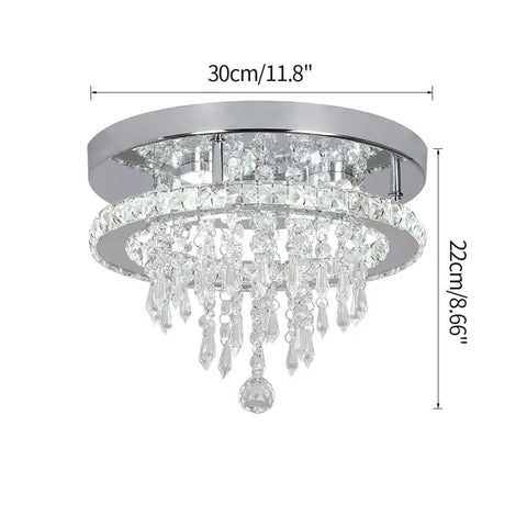 Crystal Chandelier With K9 Crystals And Stainless Steel Pendant Light, 3 LED Lights, Flush Mount Ceiling Fixture For Dining Room Bedroom Living Room, Modern Glow In Cool White With Bright Ambience, shown from the side with dimensions