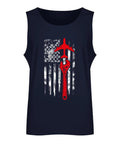 Men's Sleeveless Workout Tank Top With American Flag Graphic For Aircraft Mechanics And Gym Rats Hella Comfy Breathable Cotton Fit, navy with red wrench design.
