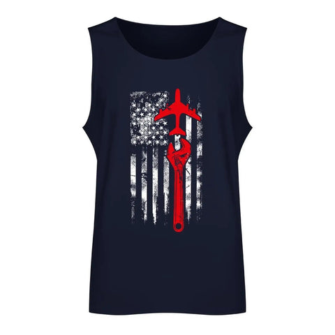 Men's Sleeveless Workout Tank Top With American Flag Graphic For Aircraft Mechanics And Gym Rats Hella Comfy Breathable Cotton Fit, navy with red wrench design.