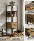 Two In One Pet Friendly Bookshelf With Built In Dog Food Storage And Feeding Station, 67 Inch Tall Wood And Metal Display Cabinet With Drawers