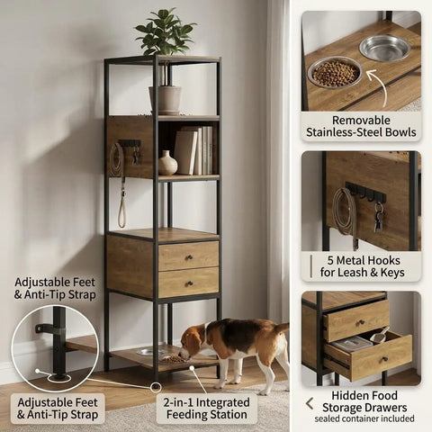 Two In One Pet Friendly Bookshelf With Built In Dog Food Storage And Feeding Station, 67 Inch Tall Wood And Metal Display Cabinet With Drawers