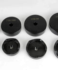 Conduit Punch And Die Set For Knockouts In 2-1/2, 3, 3-1/2 And 4 Inch Sizes, Built Tough With Hardened Tool Steel, Includes Metric To English Draw Stud