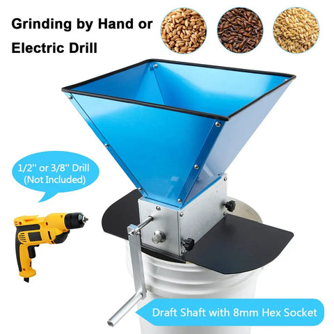 Homebrewing Grain Mill With Three Rollers And 13 Lb Hopper Steel Base for crushing malt and barley, drill-ready setup
