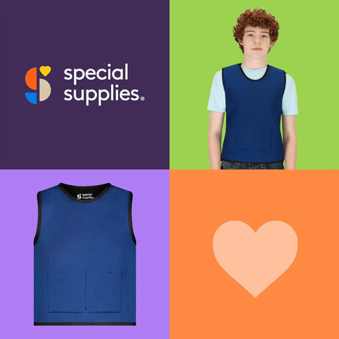 Adjustable Kids Weighted Vest For Deep Pressure Sensory Comfort With Removable Quarter And Half Pound Sandbags displayed by child.