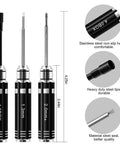 Three hex drivers from Must-Have Compact 12-Piece RC Tool Kit with handle length measurements and detailed tip specifications shown