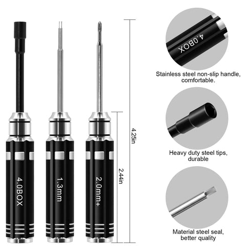 Three hex drivers from Must-Have Compact 12-Piece RC Tool Kit with handle length measurements and detailed tip specifications shown