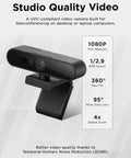 Straight Up 1080p FHD Webcam With USB C Connectivity And Windows Hello Face Login Featuring Dual Pickup Mics Plus A Super Wide Ninety Five Degree View With Four X Digital Zoom And A Secure Sliding Privacy Shutter On Sleek Black Computer Camera angled view with specifications shown.