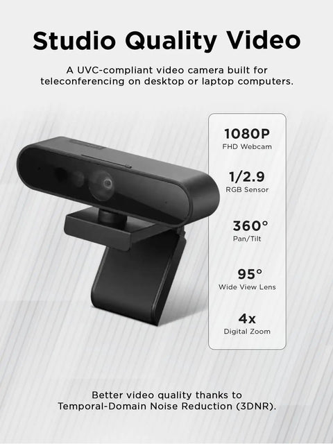 Straight Up 1080p FHD Webcam With USB C Connectivity And Windows Hello Face Login Featuring Dual Pickup Mics Plus A Super Wide Ninety Five Degree View With Four X Digital Zoom And A Secure Sliding Privacy Shutter On Sleek Black Computer Camera angled view with specifications shown.