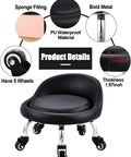 Low Profile Rolling Stool On Wheels With Back Rest And Leather Cushion 360 Degree Swivel Compact Round Seat with product details