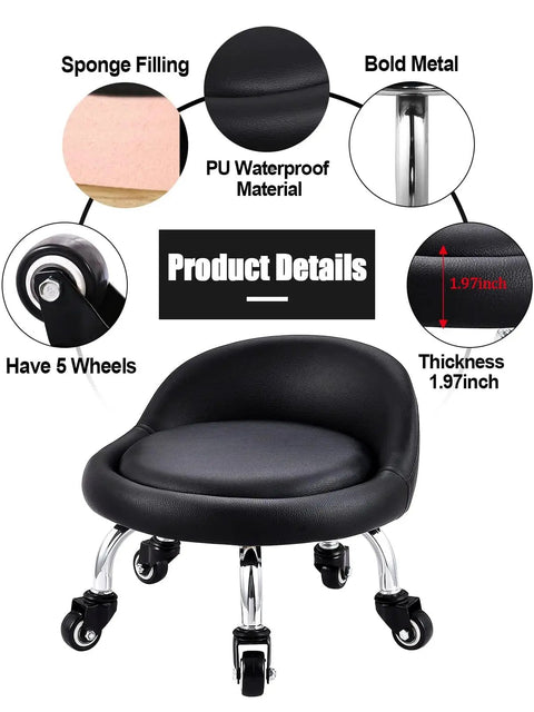 Low Profile Rolling Stool On Wheels With Back Rest And Leather Cushion 360 Degree Swivel Compact Round Seat with product details