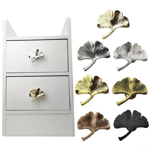 Ginkgo Leaf Zinc Alloy Cabinet Pull for doors and drawers in ancient gold, silver, red bronze, and green bronze finishes.