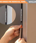 Professional Grade Spring Loaded Dual Head Nail Setter And Center Punch Workhorse Built From Heat Treated Steel For Tough Woodworking Jobs that shows a user removing a door hinge pin.