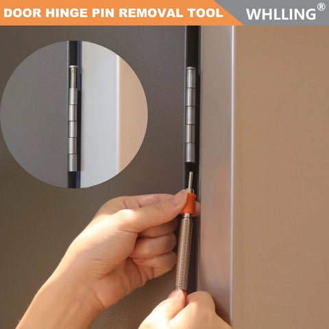 Professional Grade Spring Loaded Dual Head Nail Setter And Center Punch Workhorse Built From Heat Treated Steel For Tough Woodworking Jobs that shows a user removing a door hinge pin.