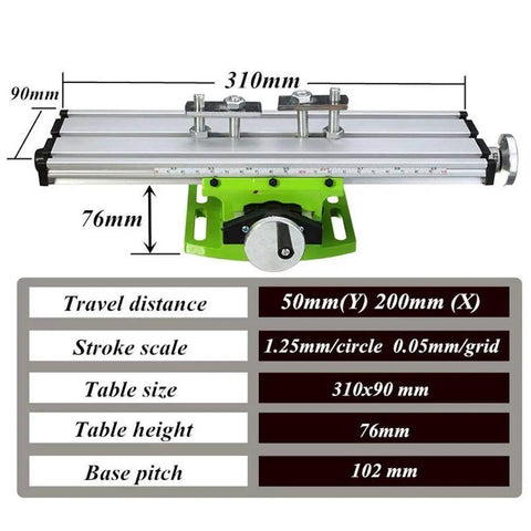 Top Shelf Shop Beast Cross Slide Table For Mini Milling Machines And Bench Drill Press Adjustable X Y Axis Aluminum Dovetail Mount Rack System Quick Grip Vise Included with size measurements.