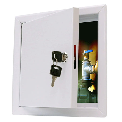 Heavy Duty Boss Grade 6X6 Inch Galvanized Steel Access Panel with secure lock and key for quick HVAC and plumbing access.