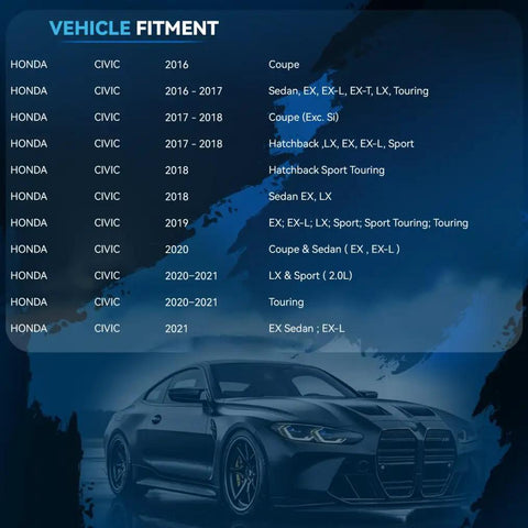 2021 Honda Civic vehicle fitment list over a sporty car silhouette background.