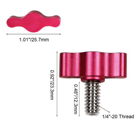 4Pcs 1/4-20 X 1/2 Inch Thumb Screws Paired With Red Anodized Aluminum Tee Wing Knobs Featuring Rustproof Stainless Steel Coarse Threads Tough As Nails Construction For Zero Hassle Tooling Jobs And Garage Builds, Red aluminum knob top view with dimensions.