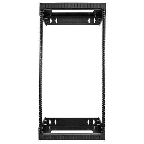 Beast Mode Heavy Duty 21U Two Post Wall Mount Open Frame Network Rack featuring adjustable depth, displaying robust steel construction.