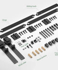 Components of Beefy 3.5 Ft Bi Folding Sliding Barn Door Hardware Kit For Two Doors, including tracks, rollers, and mounting hardware.