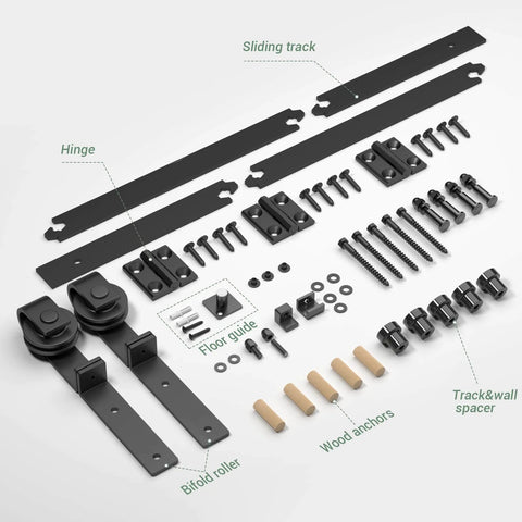 Components of Beefy 3.5 Ft Bi Folding Sliding Barn Door Hardware Kit For Two Doors, including tracks, rollers, and mounting hardware.