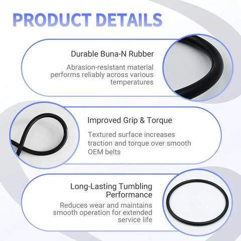 Product details of A-R1 Drive Belt Replacement For Rotary Rock Tumbler showcasing Buna-N rubber features.