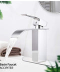 Chrome Waterfall Bathroom Faucet With Single Lever Handle Dope Sleek Deck Mount Lavatory Sink Faucet Modern Commercial Style