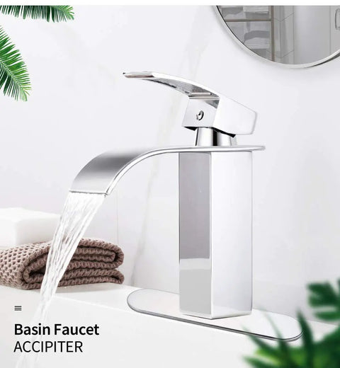 Chrome Waterfall Bathroom Faucet With Single Lever Handle Dope Sleek Deck Mount Lavatory Sink Faucet Modern Commercial Style