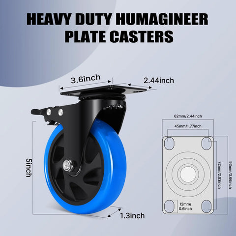 Humagineer 5-inch plate caster wheel with brake, blue polyurethane wheel, 2200 lb capacity (side view)
