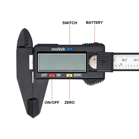 Handy Digital Caliper With Inch To Millimeter Conversion Extra Large LCD Screen Inside Outside Depth And Step Measurements 0 To 6 Inch Or 0 To 150 mm Auto Off Plastic Vernier Caliper For DIY Projects; close-up of display panel.