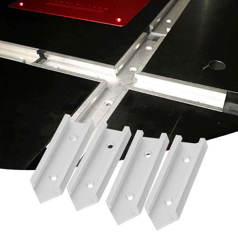 Top Notch Aluminum T Track Connectors For Router Tables: 4 Pack Heavy Duty Miter Track Jigs showing polished aluminum connectors on table saw