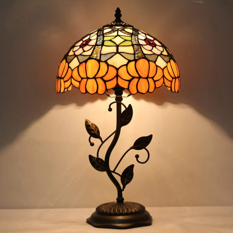Orange Flower Tiffany Style Stained Glass Table Lamp With Bronze Metal Leaf Base 12 Inch Lampshade 19 Inch Overall Totally Lit Desk Bedside Reading Light For Bedroom Living Room Decor