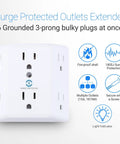 Six Outlet Wall Tap Extender With Surge Protector 900J showing fire-proof design, indicators, and three-prong outlets.