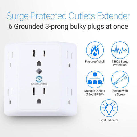 Six Outlet Wall Tap Extender With Surge Protector 900J showing fire-proof design, indicators, and three-prong outlets.