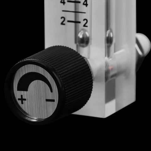 7 Flowmeter With 20 LPM Flow Rate And Handy Control Valve For Oxygen Air And Industrial Gas Measurement Transparent Acrylic Body With 8mm Hose Barb Safe Up To 0.6 MPa close-up of control knob
