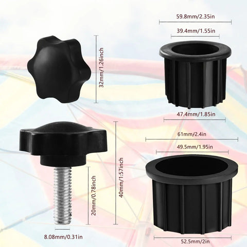 Six Piece Umbrella Base Replacement Parts Kit Includes Two 1.85 Inch Ring Plugs And Two 2 Inch Ring Plugs Plus M8 Thread Hand Knobs For Outdoor Patio Decks Backyards And Tables Black