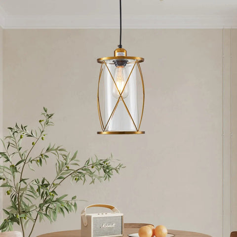 Modern Brushed Brass Mini Pendant Light With Clear Glass Shade 1-Light Adjustable Cylinder Pendant Fixture over table
