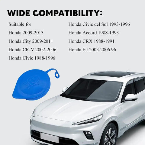 Two Pack Windshield Washer Fluid Reservoir Cap Replacement For Honda Civic CRV Accord Fit CRX Del Sol shown with car and compatibility list