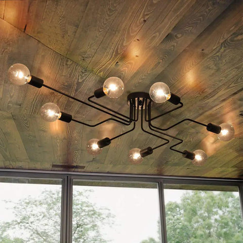 Eight Light Sputnik Ceiling Fixture in Matte Black Cool Industrial Chandelier Semi Flush Mount Installed in Living Room