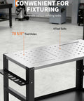 Dang Solid Heavy Duty Welding Table Workbench with 36 X 18 Inch Steel Top showing tool holes and slots for fixture tasks.