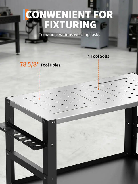 Dang Solid Heavy Duty Welding Table Workbench with 36 X 18 Inch Steel Top showing tool holes and slots for fixture tasks.