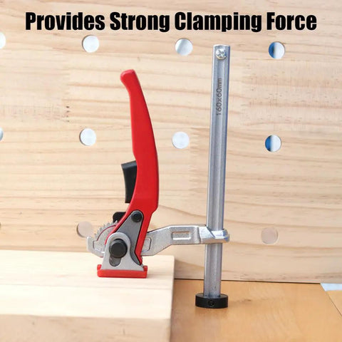 Quick Ratchet MFT Table Workbench Dog Clamp Offering 3/4 Inch Dog Hole Fitment And Rock Solid Hold Down Grip for strong clamping.