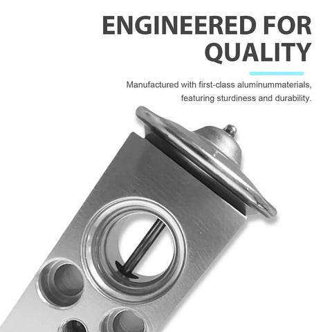 Close-up of car air conditioning expansion valve aluminum replacement part universal fit for most cars trucks and SUVs.