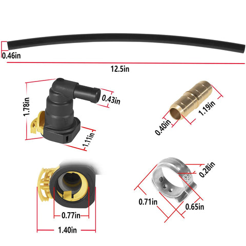 Ford F Series 6.7L Diesel Fuel Filter Tank Supply Line Connector Repair Kit 2011 2022 parts with measurements