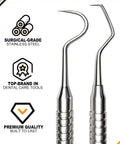 Close-up of Pro At Home Dental Tools Set stainless steel picks, highlighting surgical-grade material and high-quality dental care.