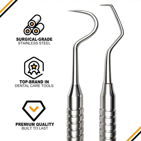 Close-up of Pro At Home Dental Tools Set stainless steel picks, highlighting surgical-grade material and high-quality dental care.