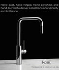 Modern stainless steel kitchen faucet on marble countertop with brand logo and text about craftsmanship.