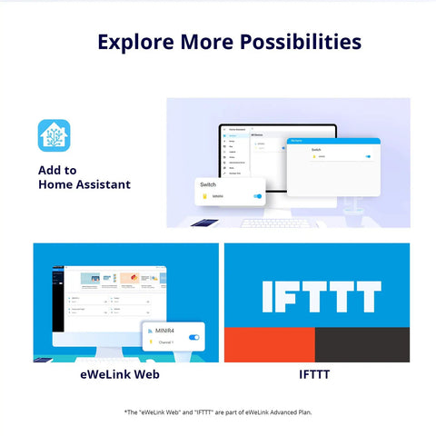 Interface showing Dope Tiny 10A WiFi Smart Light Switch Module For Diy Home Automation with Home Assistant, eWeLink, and IFTTT options.