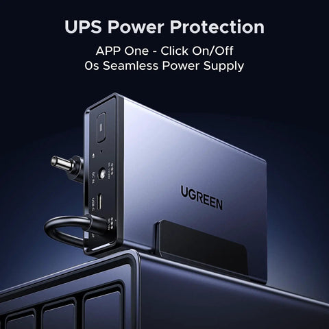 Side view of Uninterruptible NAS Power Supply With 120W DC Battery Backup And Surge Protector, 12000mAh Capacity connected to NAS.