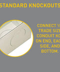 Entrance End Fitting for 2000 Series Metal Raceway to Extend Power Connect 2000 Raceway to One Half Inch Conduit Plugmold, close-up of knockout feature.